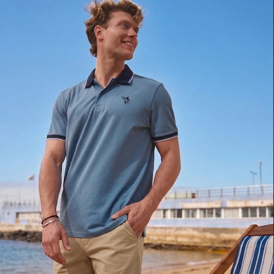Uomo sorridente in polo blu e pantaloni beige sulla spiaggia.