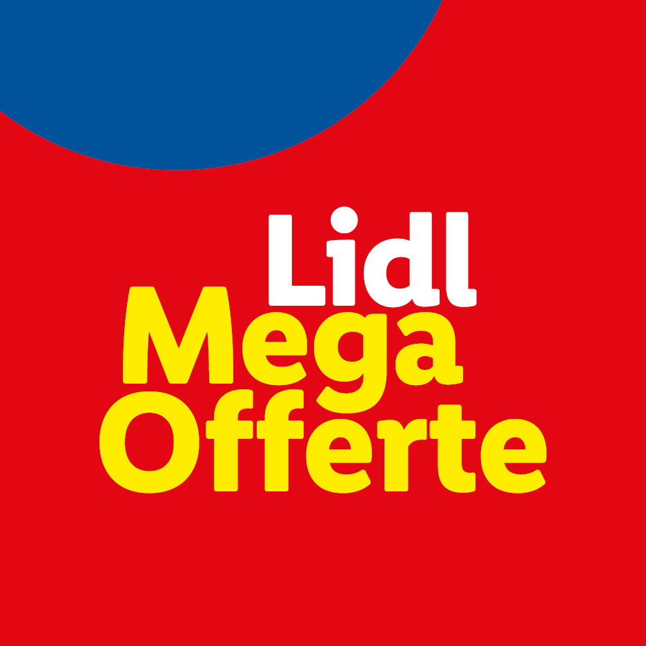 Sfondo rosso con un'onda blu in alto a sinistra e il testo bianco e giallo 'Lidl Mega Offerte'.