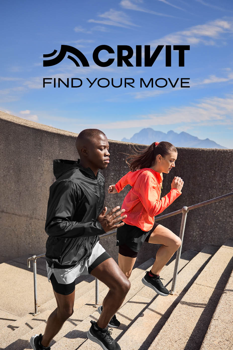 Due persone che corrono su per le scale, indossando giacche e pantaloncini sportivi. Testo: 'FIND YOUR MOVE'.
