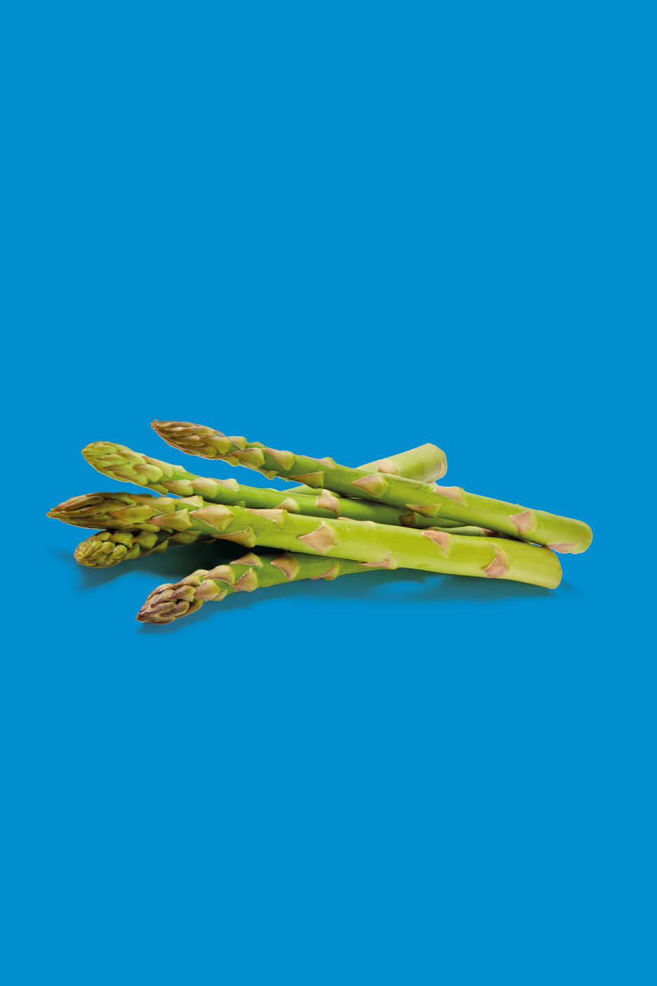 Un mucchio di asparagi verdi freschi su uno sfondo blu.