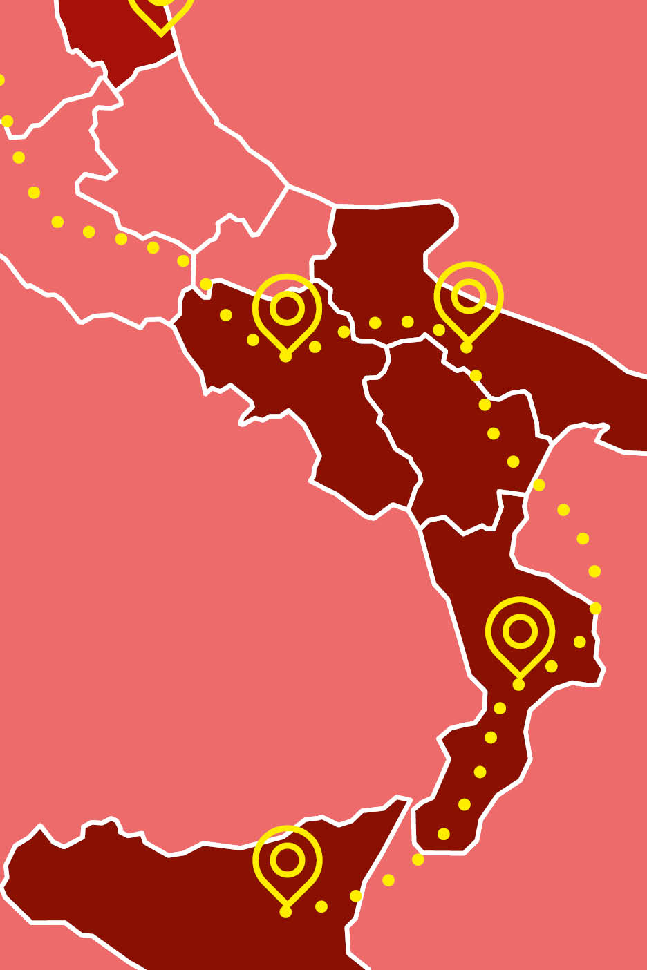 Mappa dell'Italia con regioni evidenziate e segnaposto gialli che indicano posizioni.