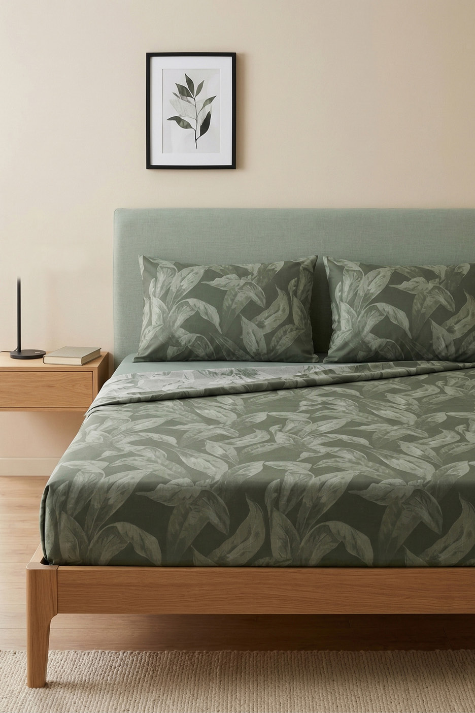 Letto con lenzuola e federe a fantasia di foglie verdi, comodino in legno e quadro.