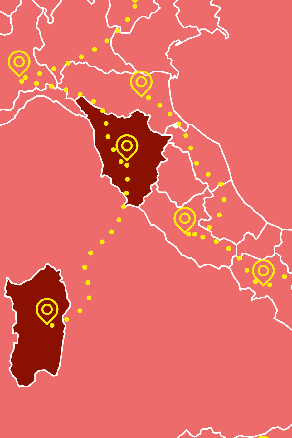 Mappa dell'Italia con regioni evidenziate e punti di interesse.