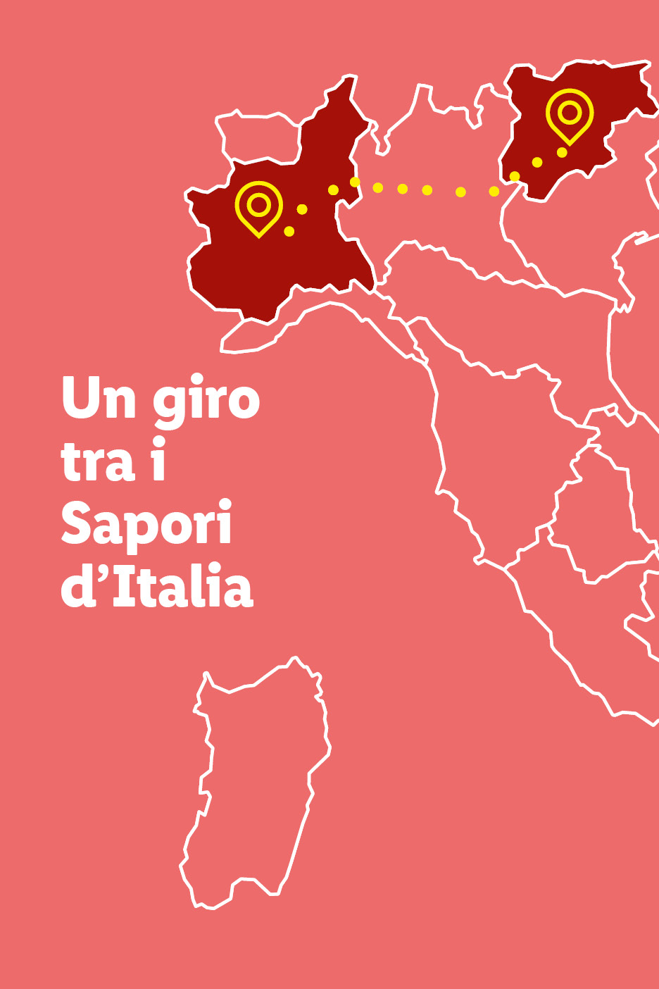Mappa dell'Italia con regioni evidenziate e punti di interesse, testo: 'Un giro tra i Sapori d'Italia'.