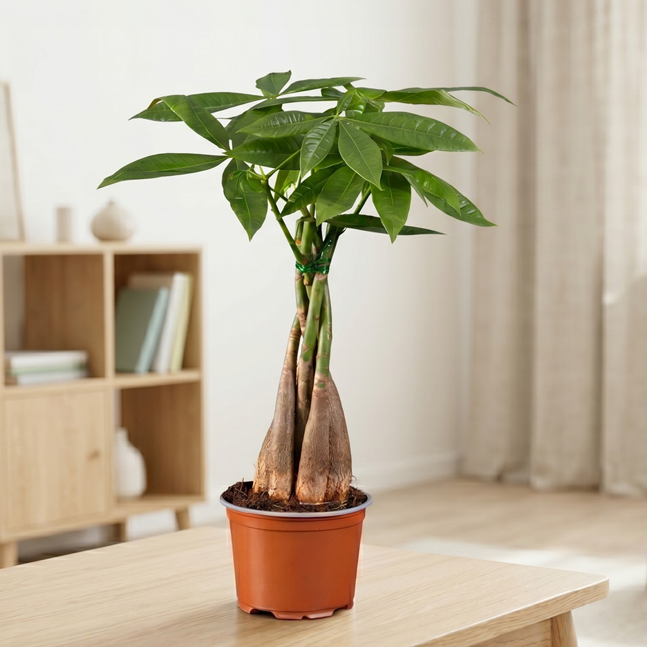 Pianta di Pachira acquatica in vaso marrone su un tavolo di legno, con scaffale e tenda sullo sfondo.