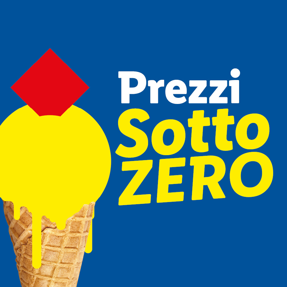 Cono gelato con pallina gialla e un quadrato rosso, con testo 'Prezzi Sotto ZERO'.