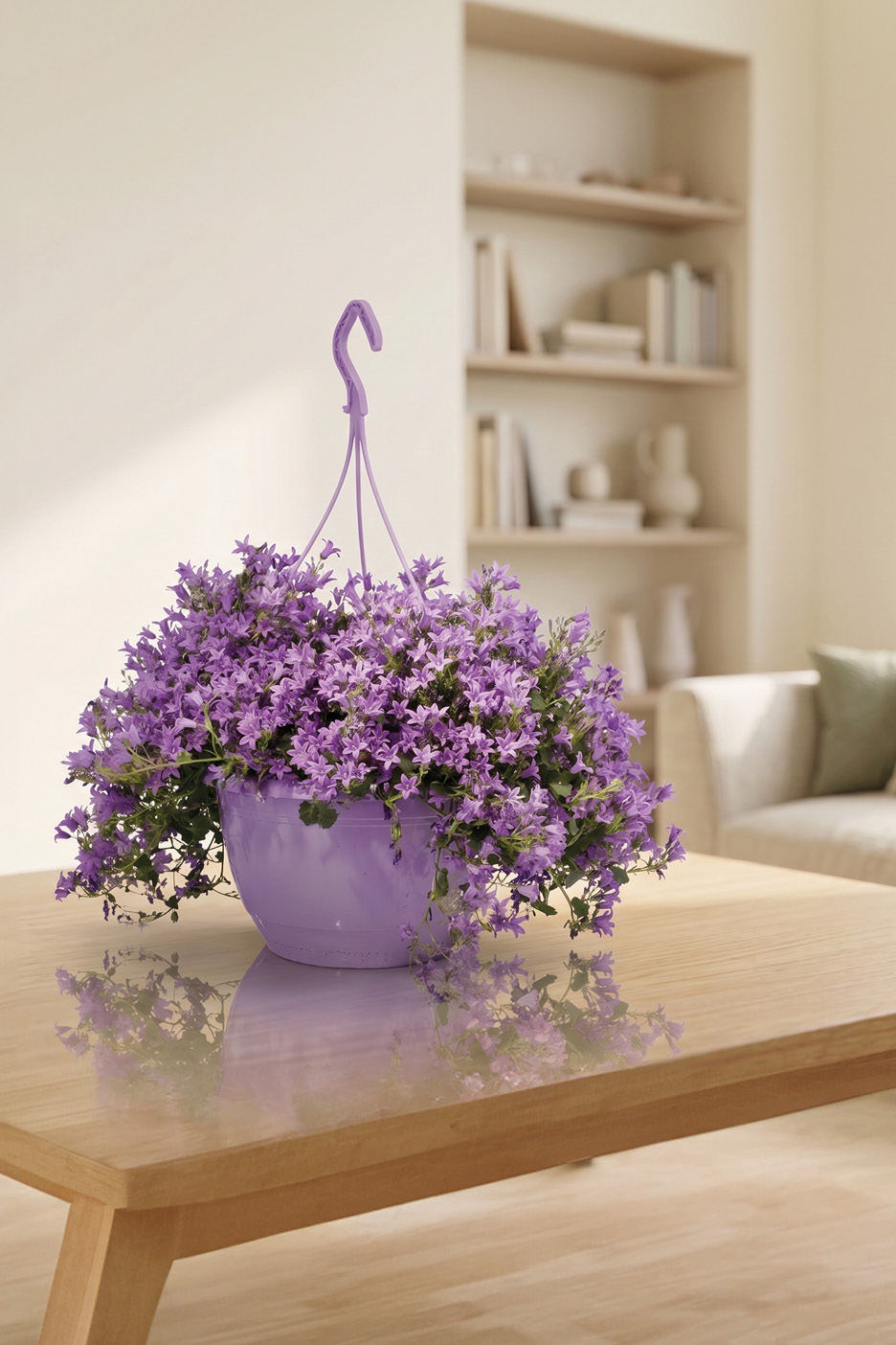 Vaso sospeso lilla con campanule su un tavolino di legno in un soggiorno luminoso.