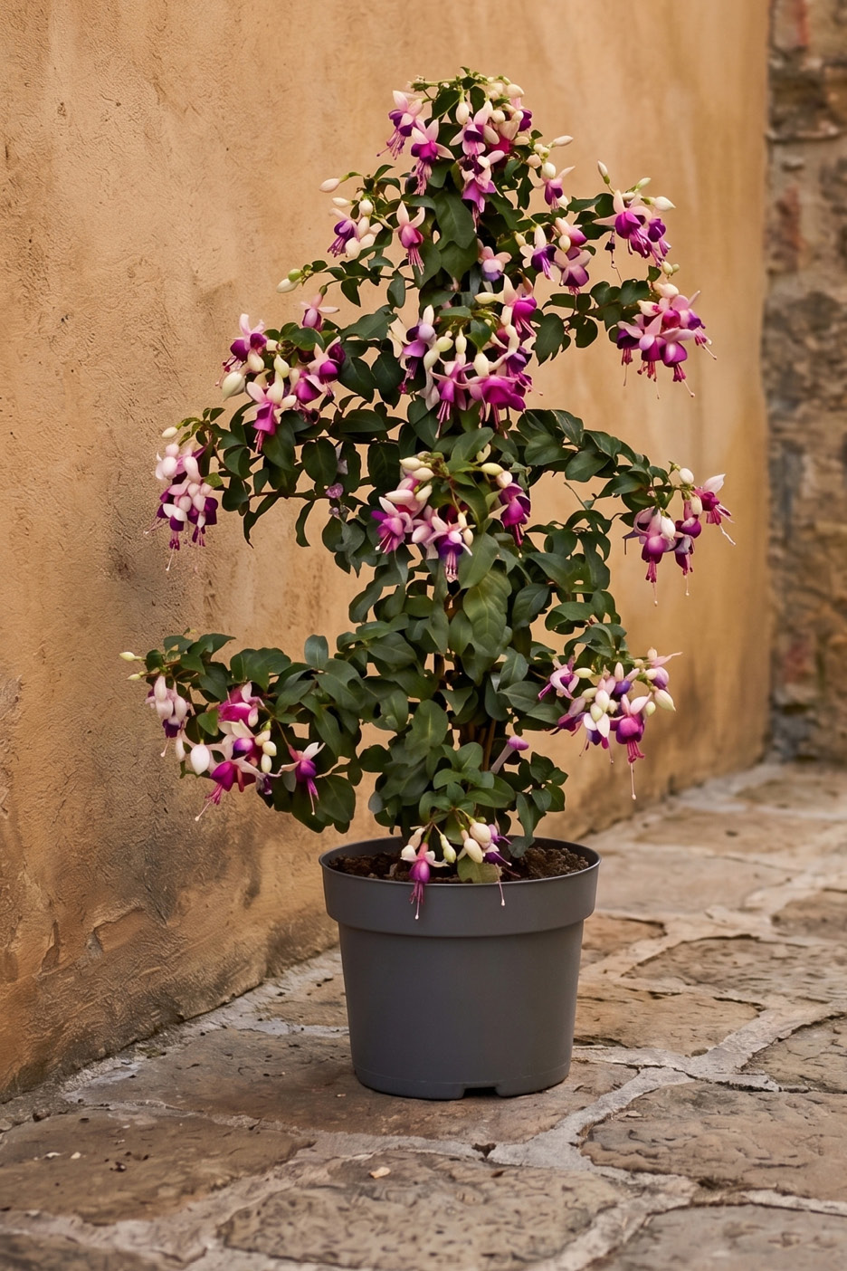 Fucsia in vaso con fiori rosa e bianchi su sfondo muro color ocra e pavimentazione in pietra.