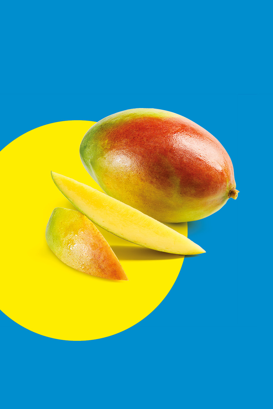 Mango intero e a fette su sfondo blu e giallo.