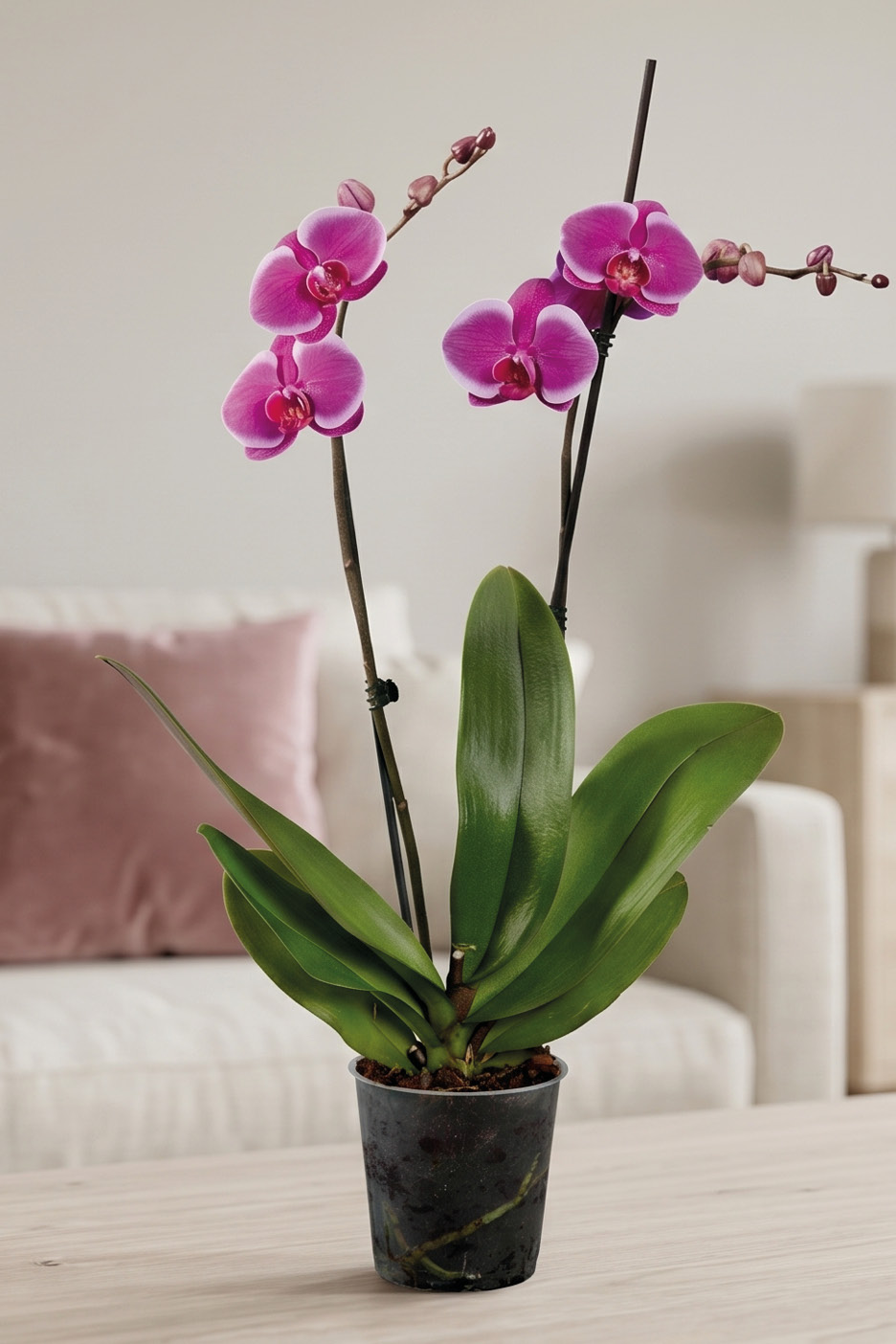 Orchidea Phalaenopsis rosa in vaso trasparente su un tavolo di legno, con divano sullo sfondo.
