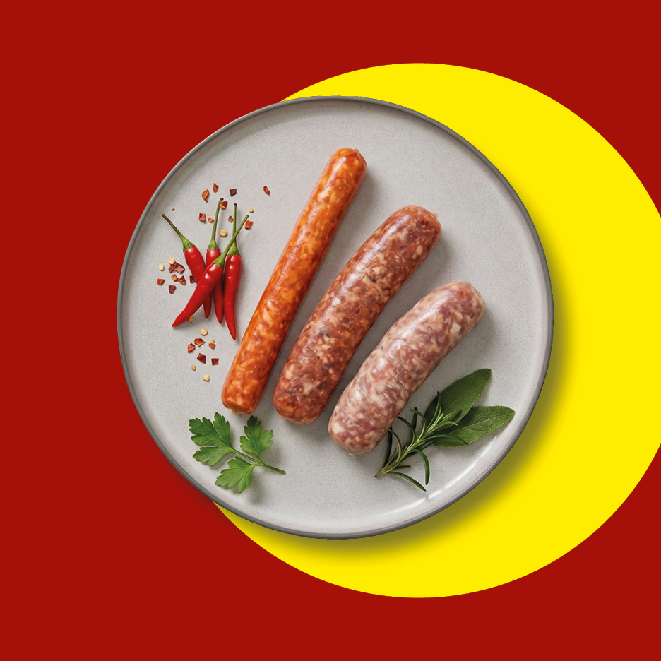 Tre salsicce crude di diversi tipi su un piatto, con peperoncini e erbe aromatiche.