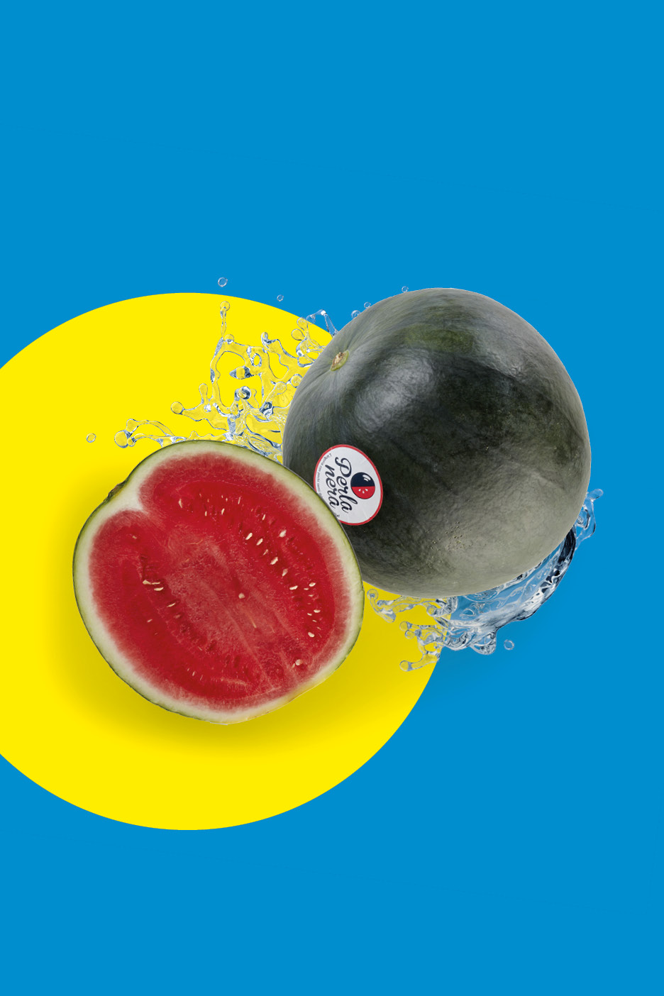 Anguria intera e mezza, con schizzi d'acqua, su sfondo blu e giallo.