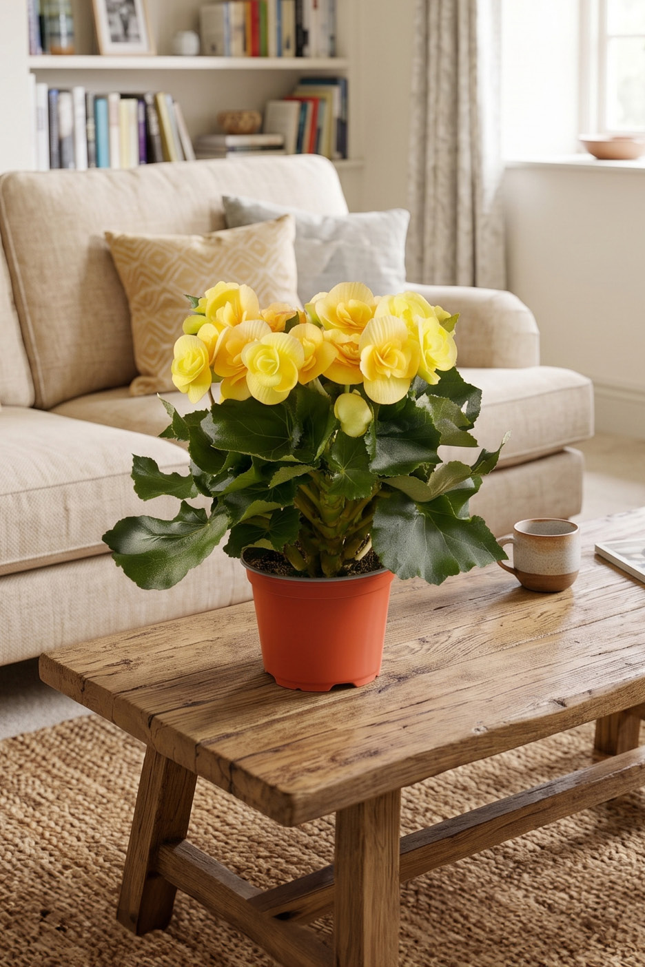 Begonia gialla in vaso su tavolino di legno in soggiorno.