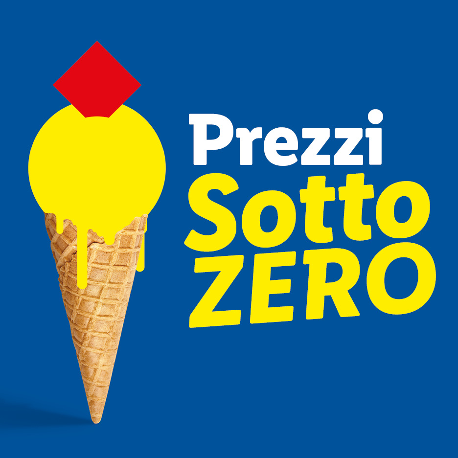 Cono gelato con pallina gialla e ciliegina rossa, testo 'Prezzi Sotto ZERO' in bianco e giallo.
