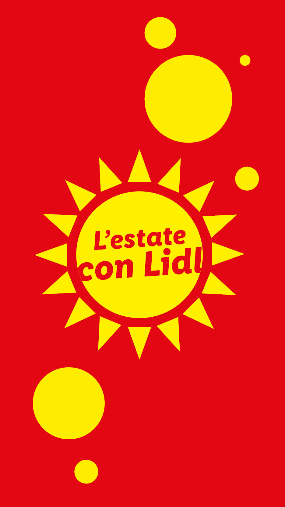 Sfondo rosso con sole giallo e cerchi, testo 'L'estate con Lidl'.