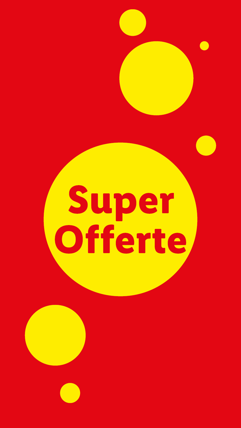 Sfondo rosso con cerchi gialli e testo 'Super Offerte' al centro.