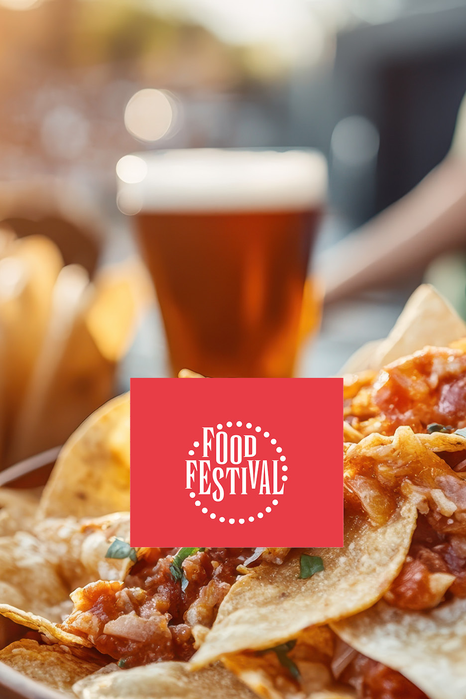 Nachos con salsa e birra, con logo 'Food Festival'.