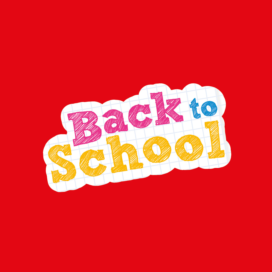 Adesivo con la scritta 'Back to School' su sfondo rosso, con lettere colorate e effetto quaderno.