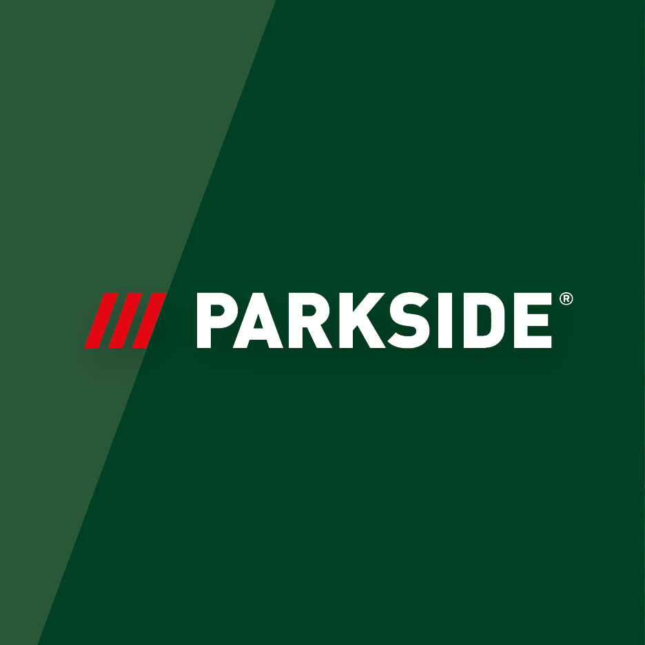 Logo su sfondo verde scuro con una sfumatura diagonale più chiara, con tre barre rosse e la parola 'PARKSIDE' in bianco.