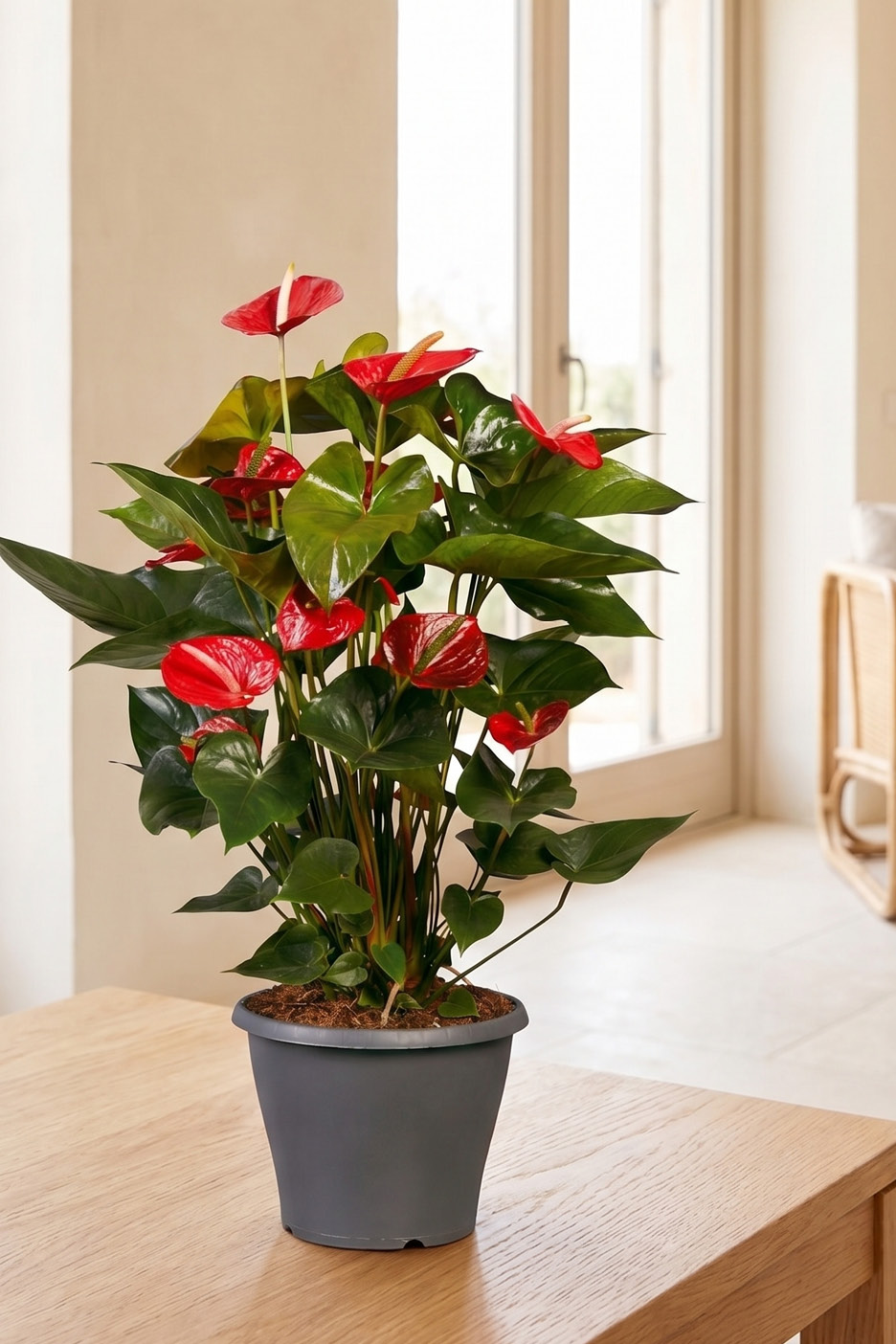 Pianta di anthurium rosso in vaso grigio su un tavolo di legno chiaro.