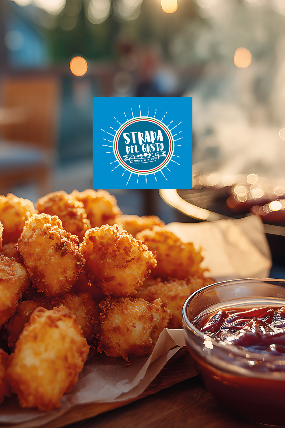 Crocchette dorate con salsa barbecue e logo 'Strada del Gusto Italian Street Food' su sfondo sfocato.