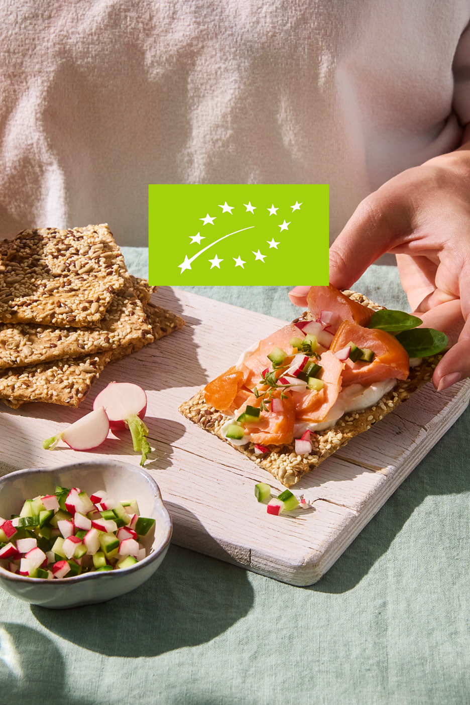 Cracker di semi con salmone affumicato, formaggio spalmabile e verdure, con logo biologico.
