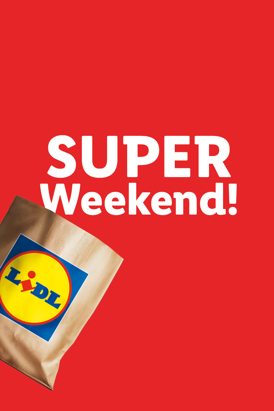 Borsa della spesa Lidl su sfondo rosso con la scritta 'SUPER Weekend!' in bianco.