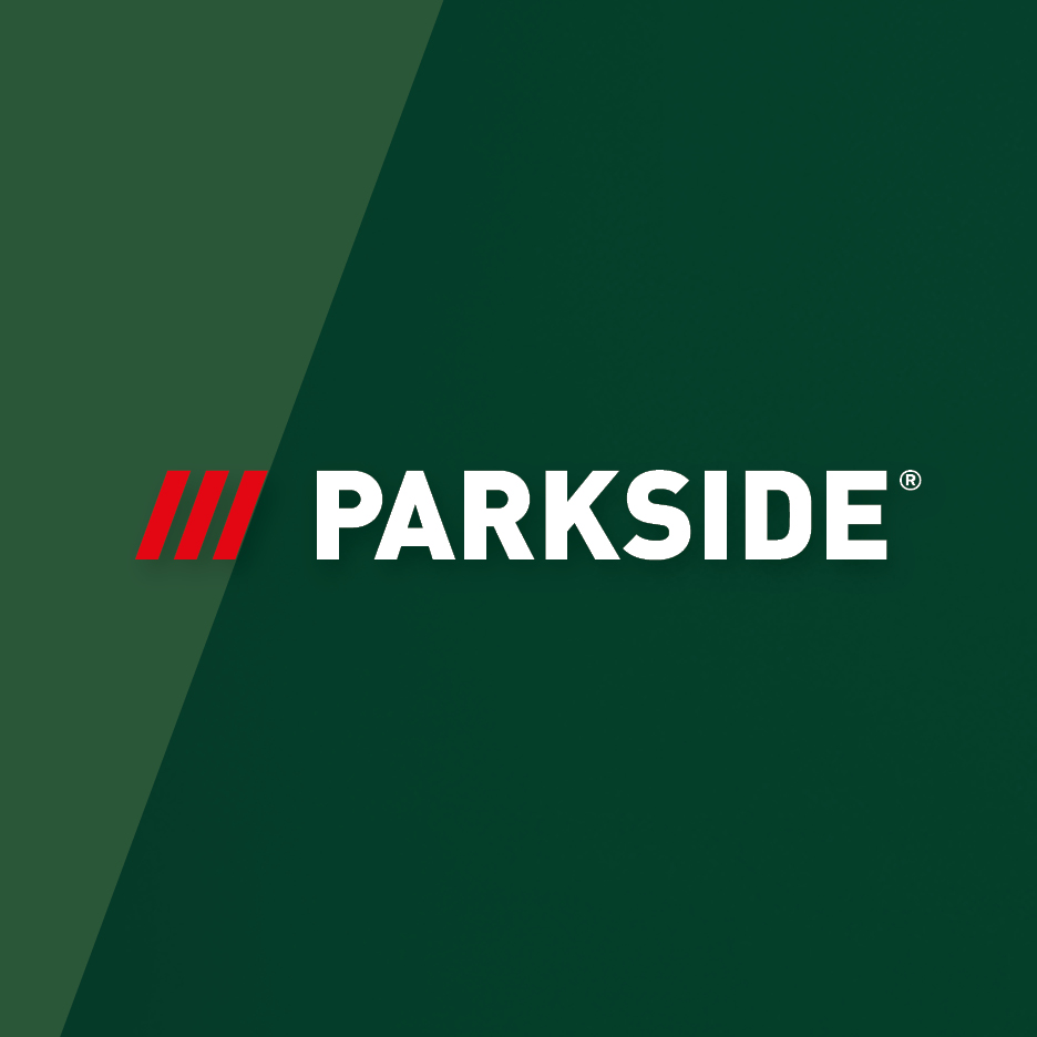 Logo Parkside con tre barre rosse inclinate a sinistra e il nome del marchio in bianco su sfondo verde scuro.
