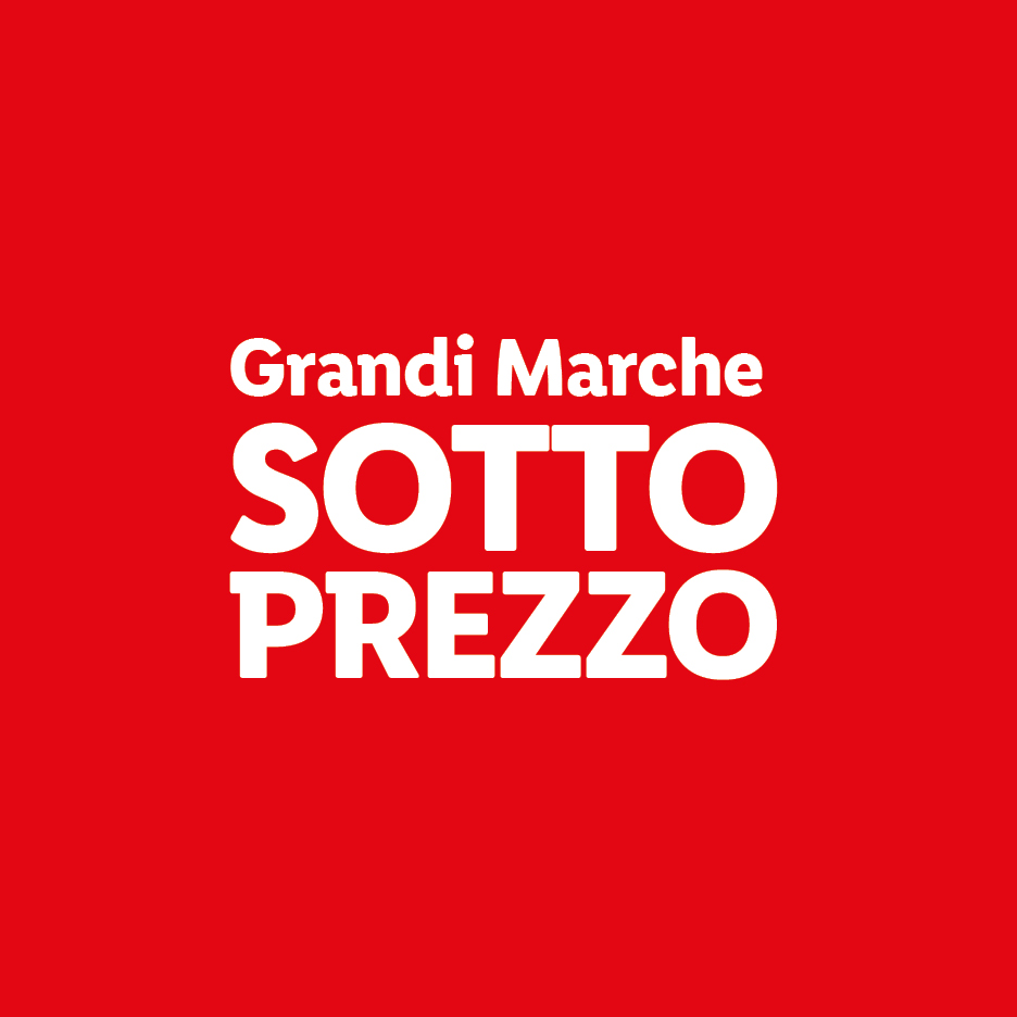 Testo bianco su sfondo rosso che recita 'Grandi Marche SOTTO PREZZO'.