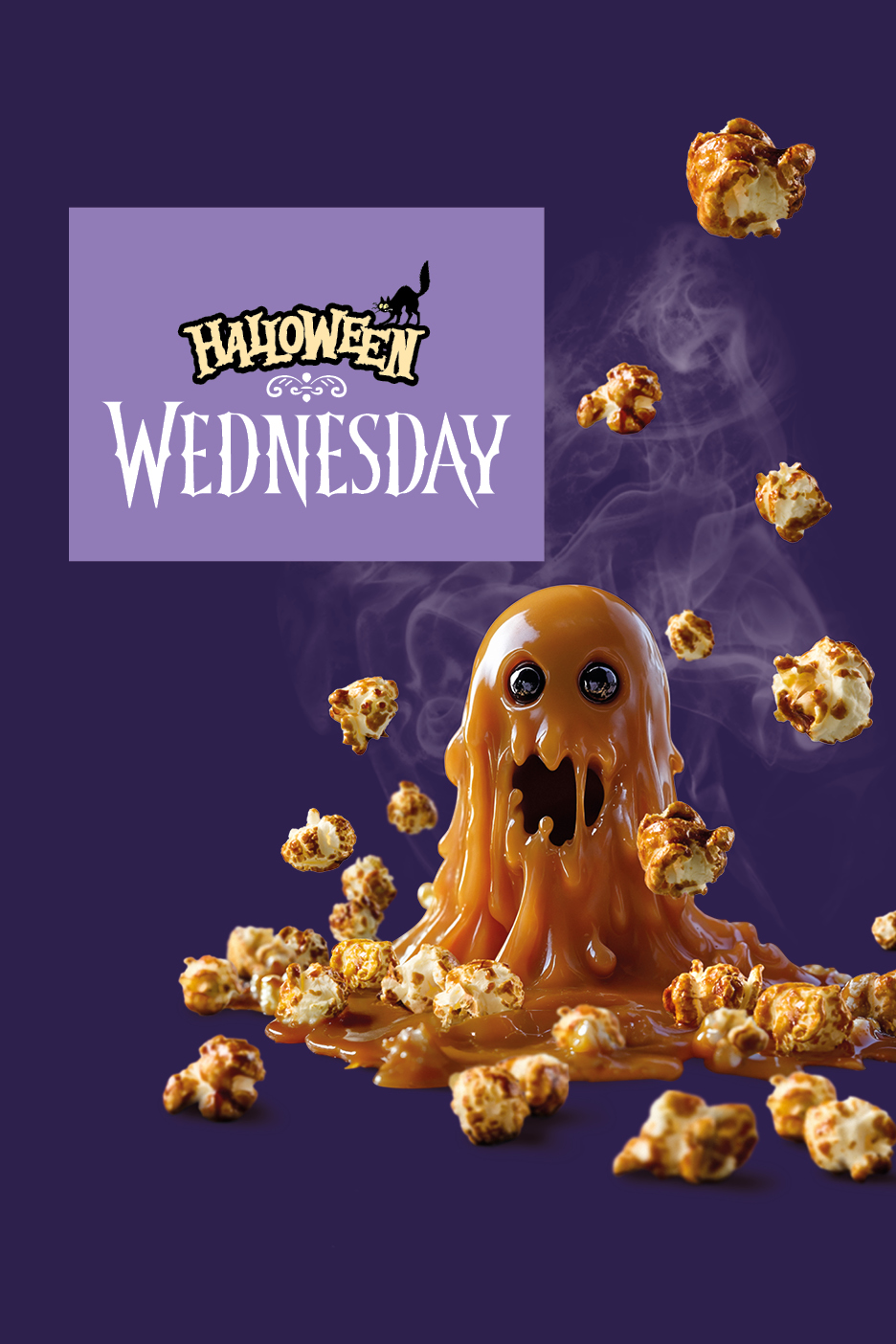 Un fantasma di caramello e popcorn su sfondo viola con testo 'Halloween Wednesday'.