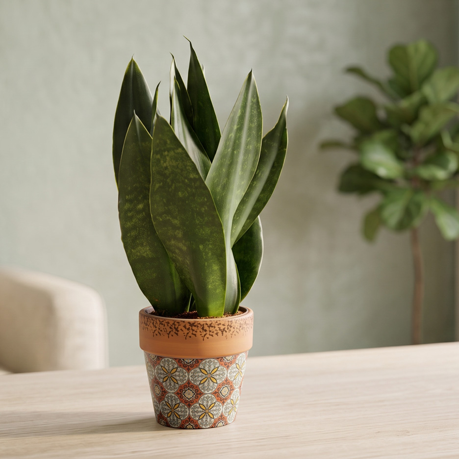 Pianta di Sansevieria in un vaso decorato su un tavolo di legno.