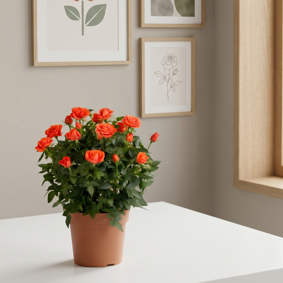 Rosa in vaso di terracotta su un tavolo bianco, con quadri sullo sfondo.