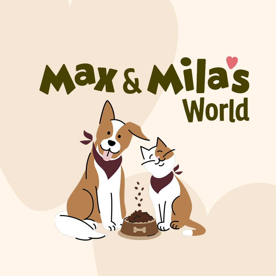 Illustrazione di un cane e un gatto con la scritta Max & Mila's World.