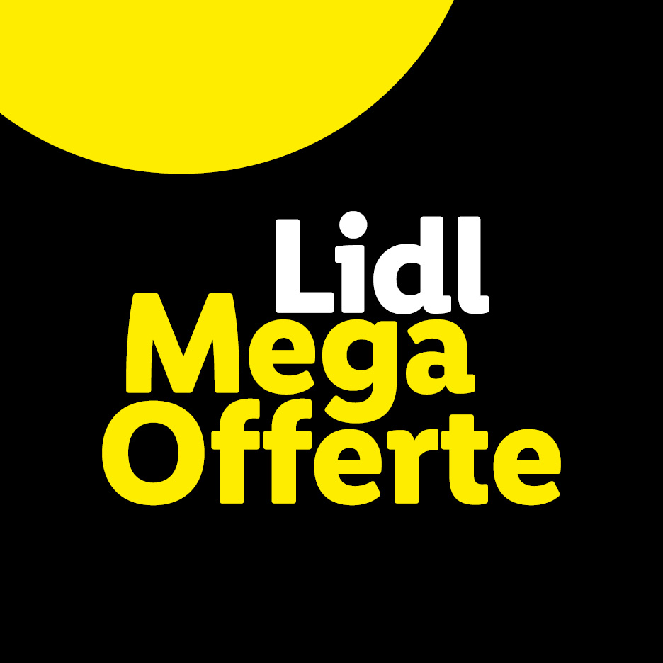Logo promozionale Lidl Mega Offerte su sfondo nero con un cerchio giallo nell'angolo in alto a sinistra.