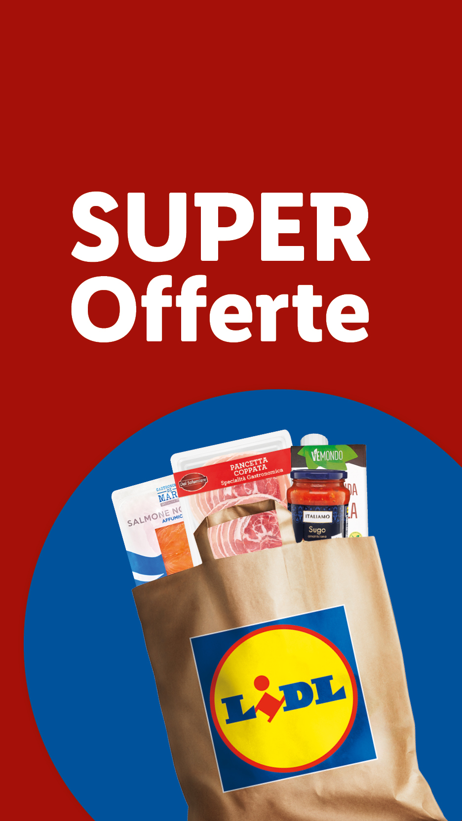 Busta della spesa Lidl con salmone affumicato, pancetta coppata, sugo all'amatriciana e bevanda vegetale.