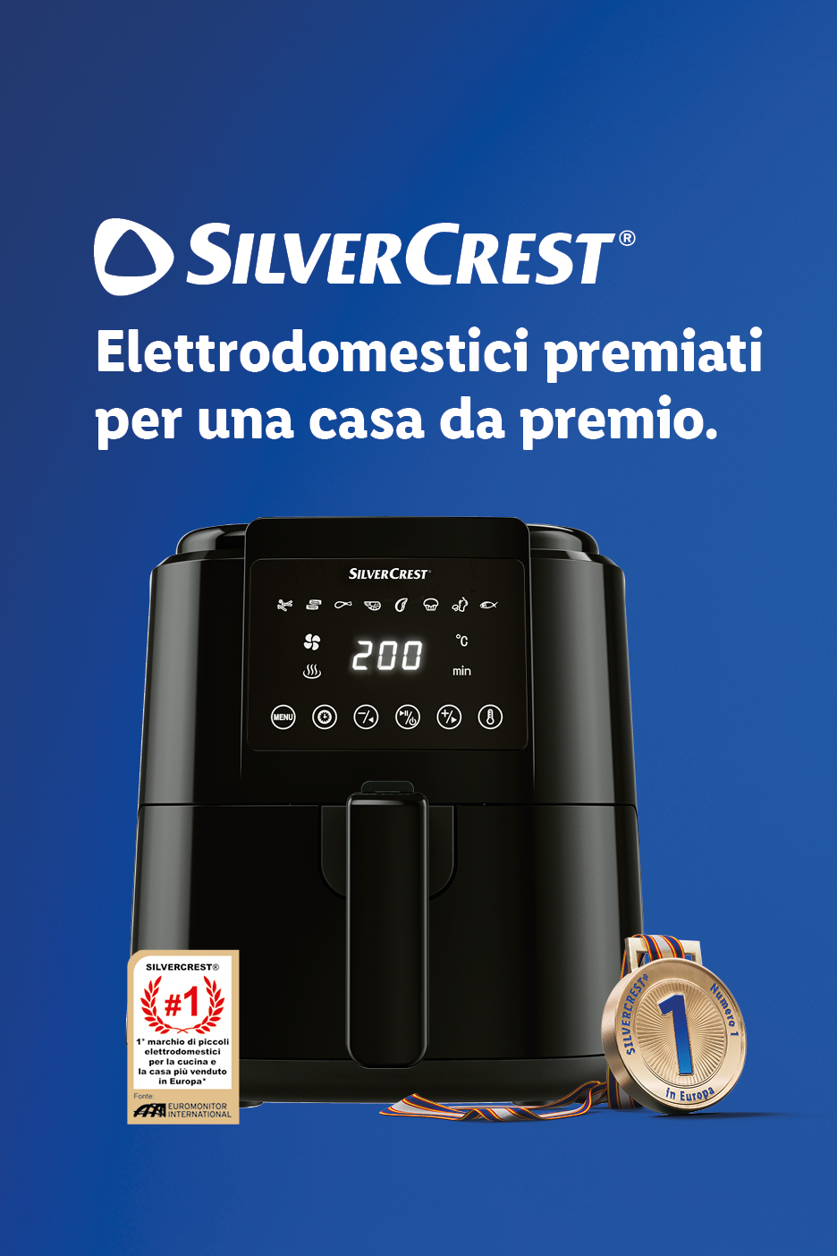 Friggitrice ad aria Silvercrest con display digitale, medaglia e certificato di premio.