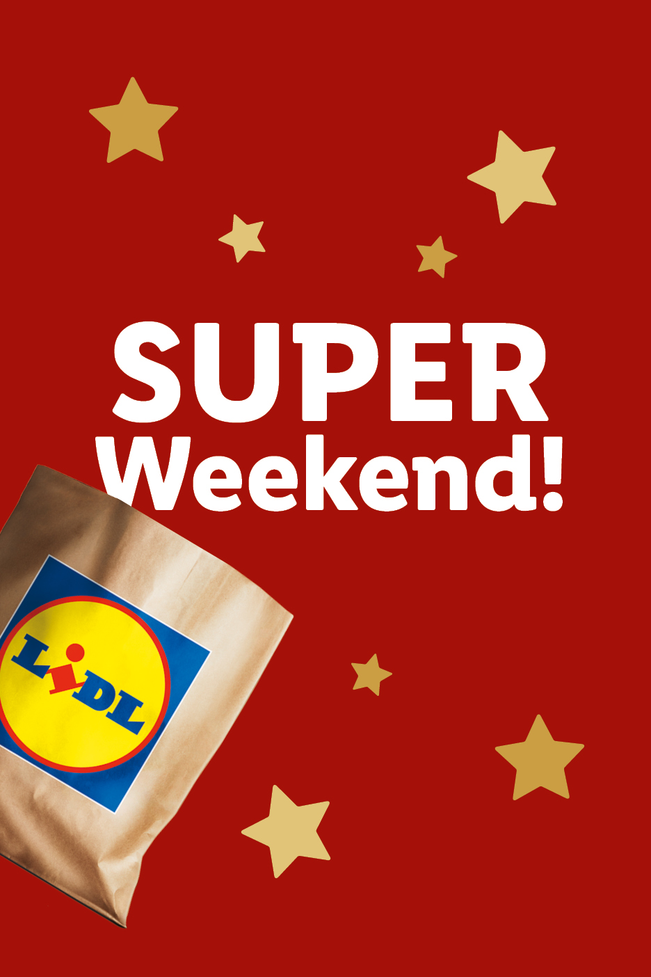 Borsa della spesa Lidl su sfondo rosso con stelle e testo 'SUPER Weekend!'