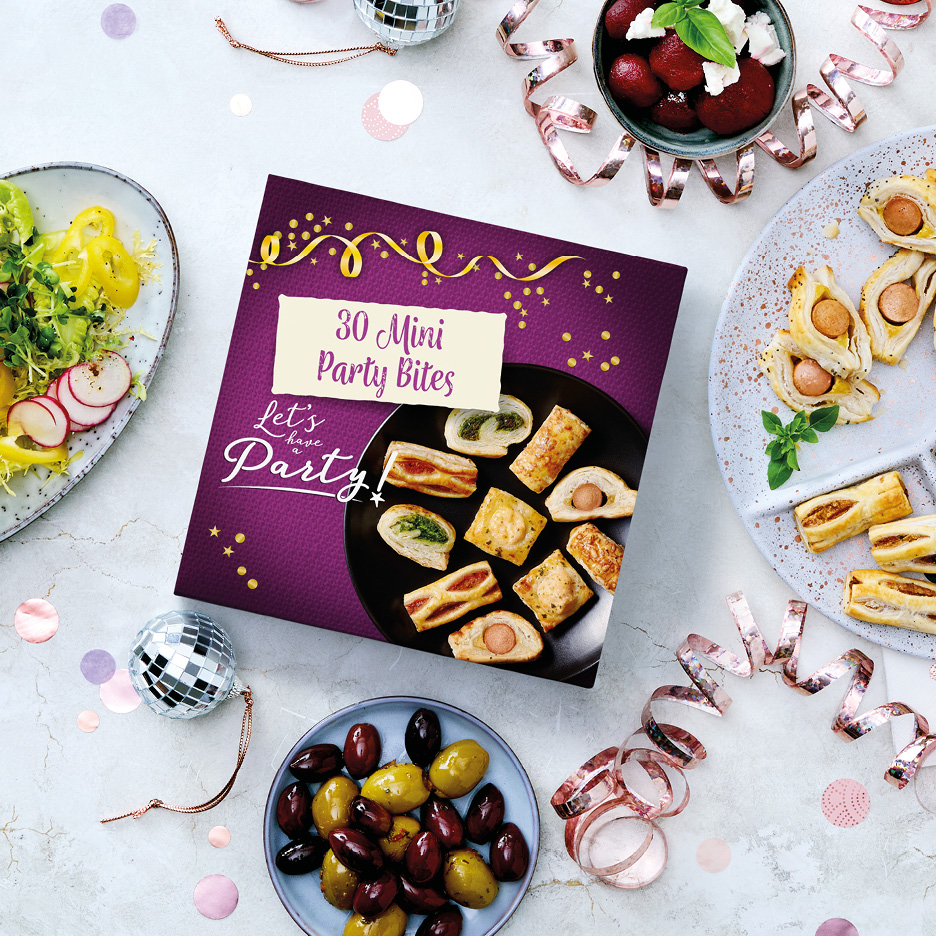 Confezione di 30 mini stuzzichini da festa, con contorni e decorazioni.