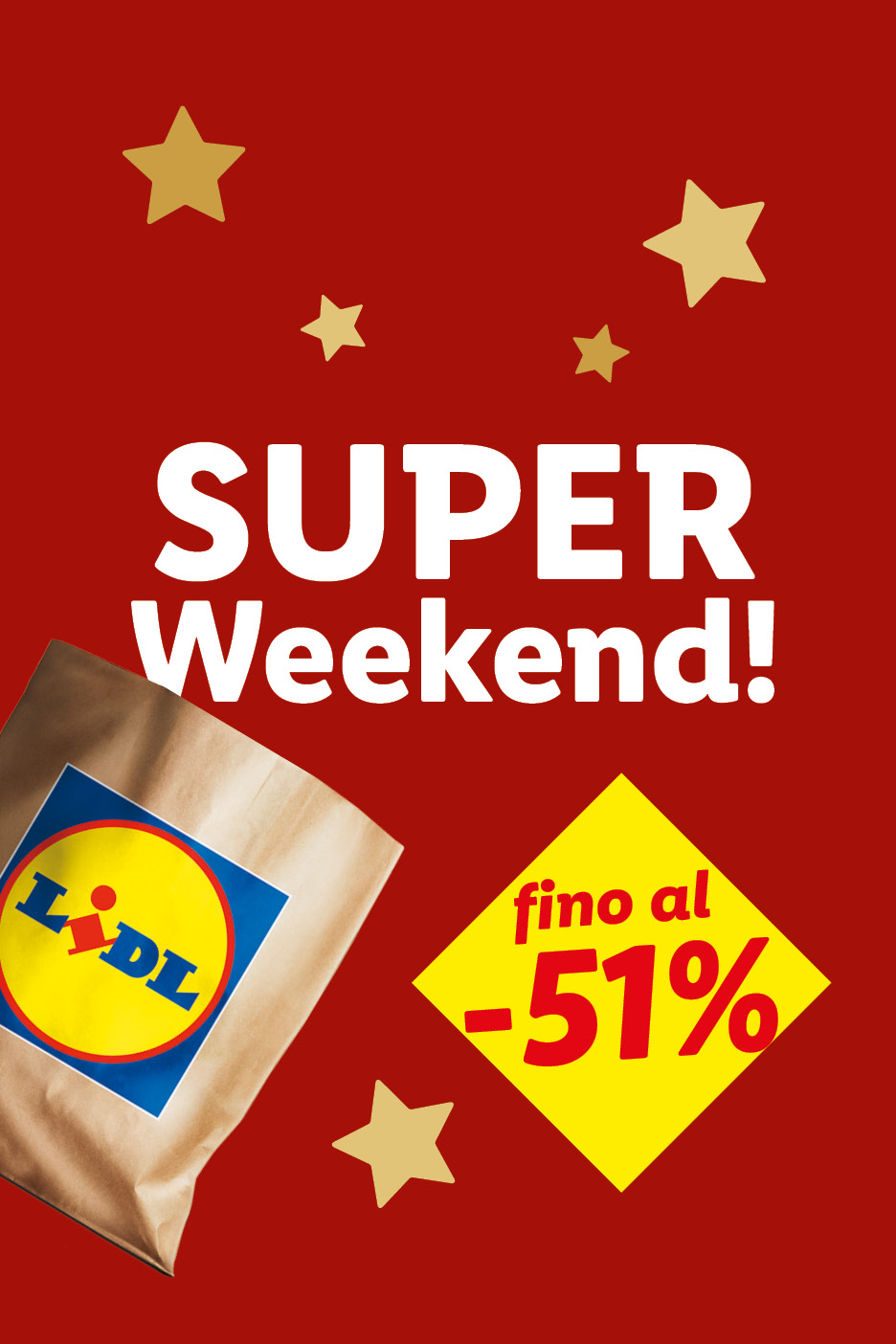Promozione Lidl 'SUPER Weekend!' con sconti fino al -51% e stelle decorative.