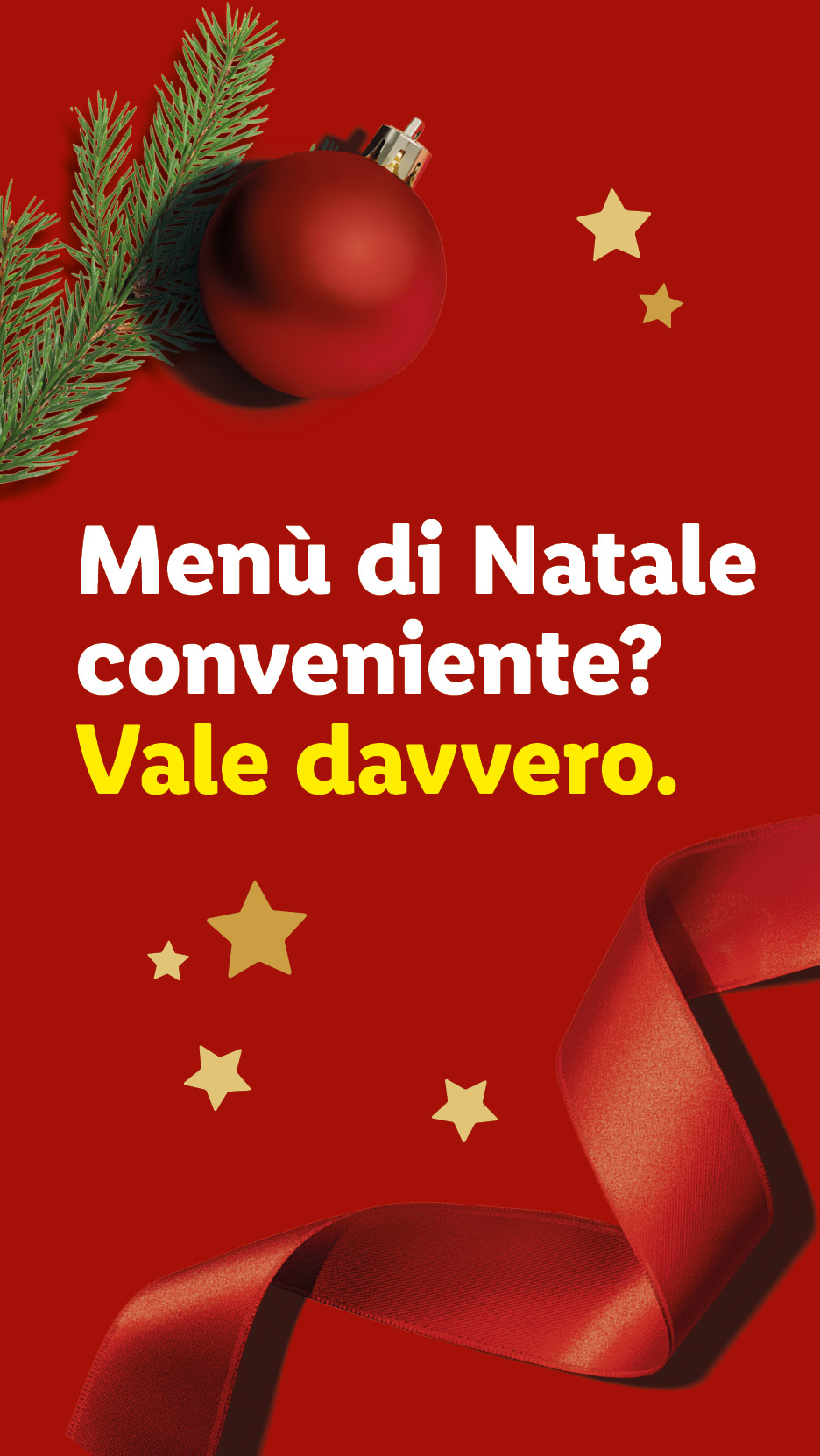 Menù di Natale conveniente con decorazioni natalizie e nastro rosso.
