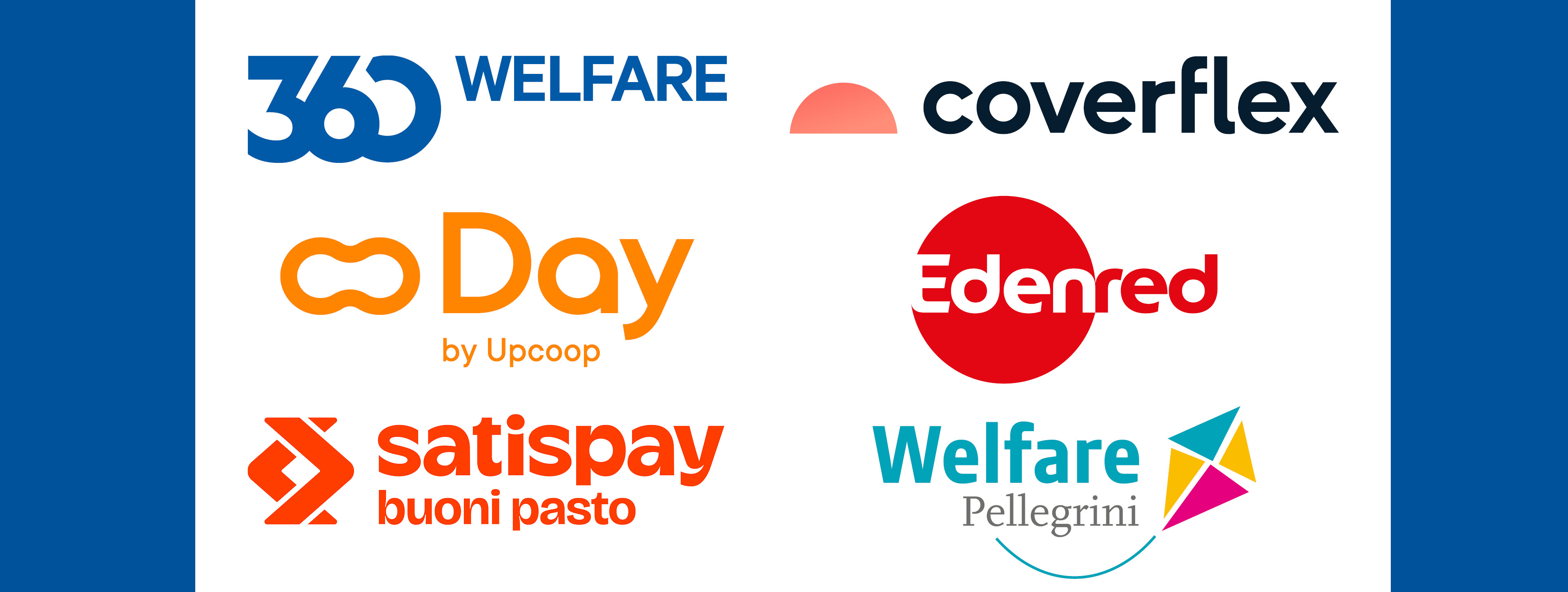 Loghi di servizi welfare e buoni pasto, inclusi 365 Welfare, Coverflex, Day, Edenred, Satispay e Welfare Pellegrini.