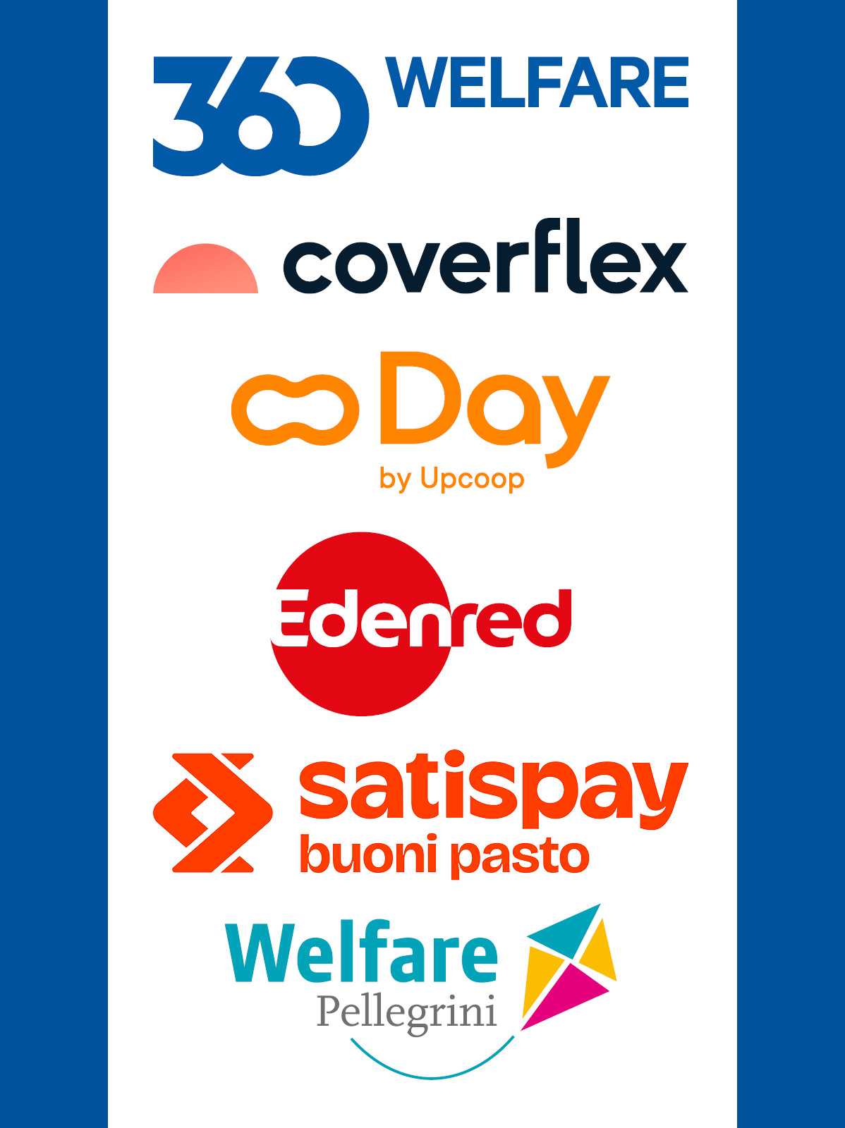 Loghi di servizi welfare e buoni pasto, inclusi 365 Welfare, Coverflex, Day, Edenred, Satispay e Welfare Pellegrini.