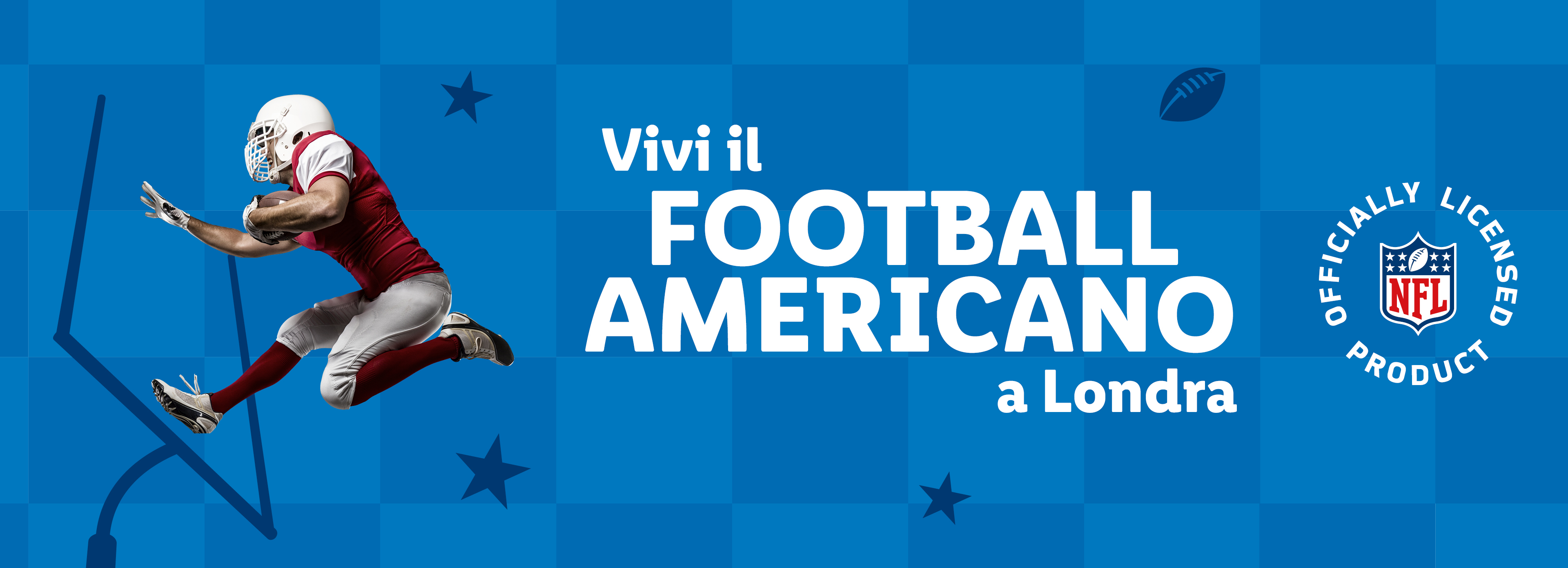 Manifesto blu con giocatore di football americano e testo 'Vivi il Football Americano a Londra'.