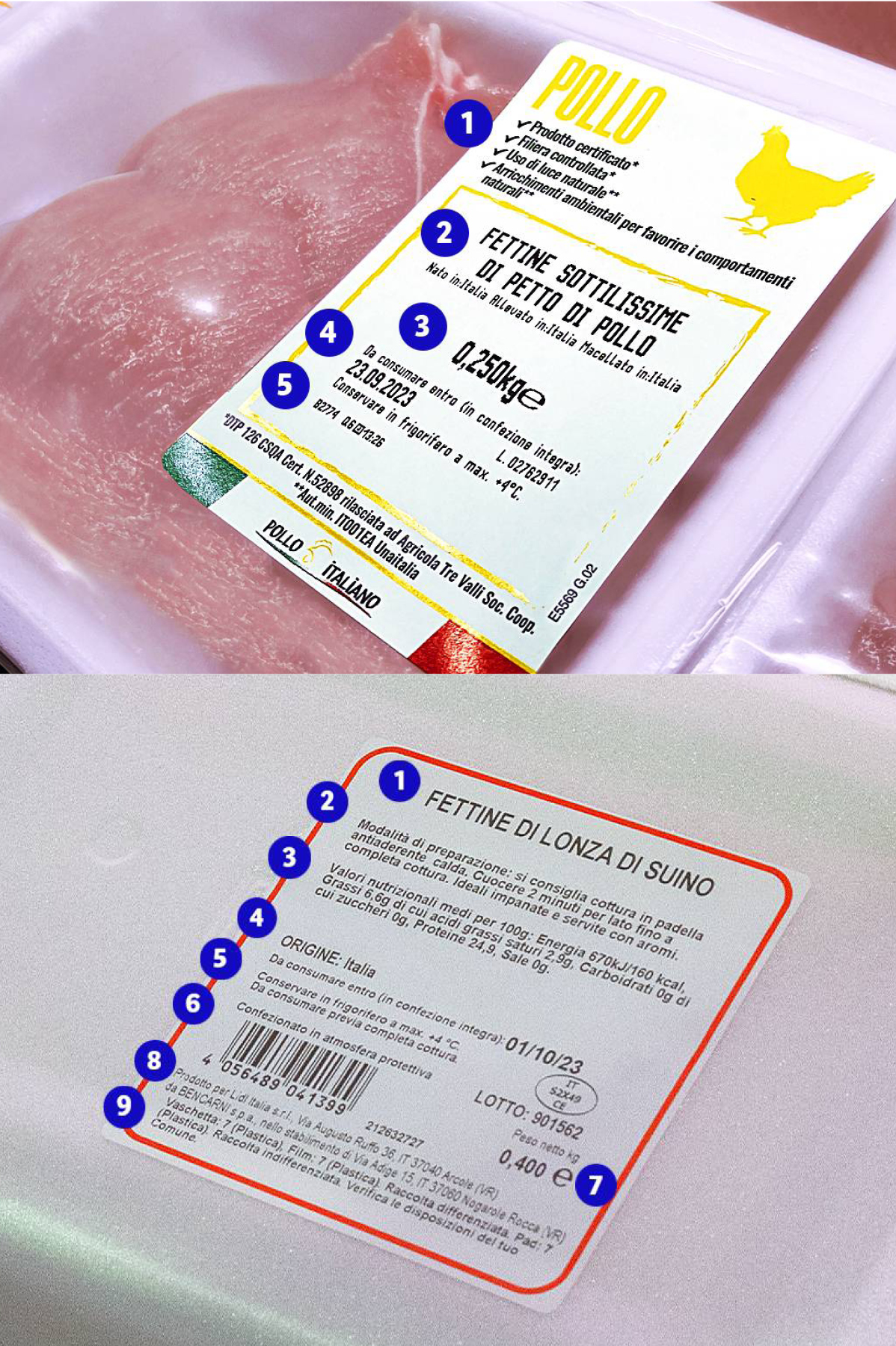 Confezioni di carne fresca, pollo e maiale, con etichette che mostrano dettagli del prodotto e informazioni nutrizionali.