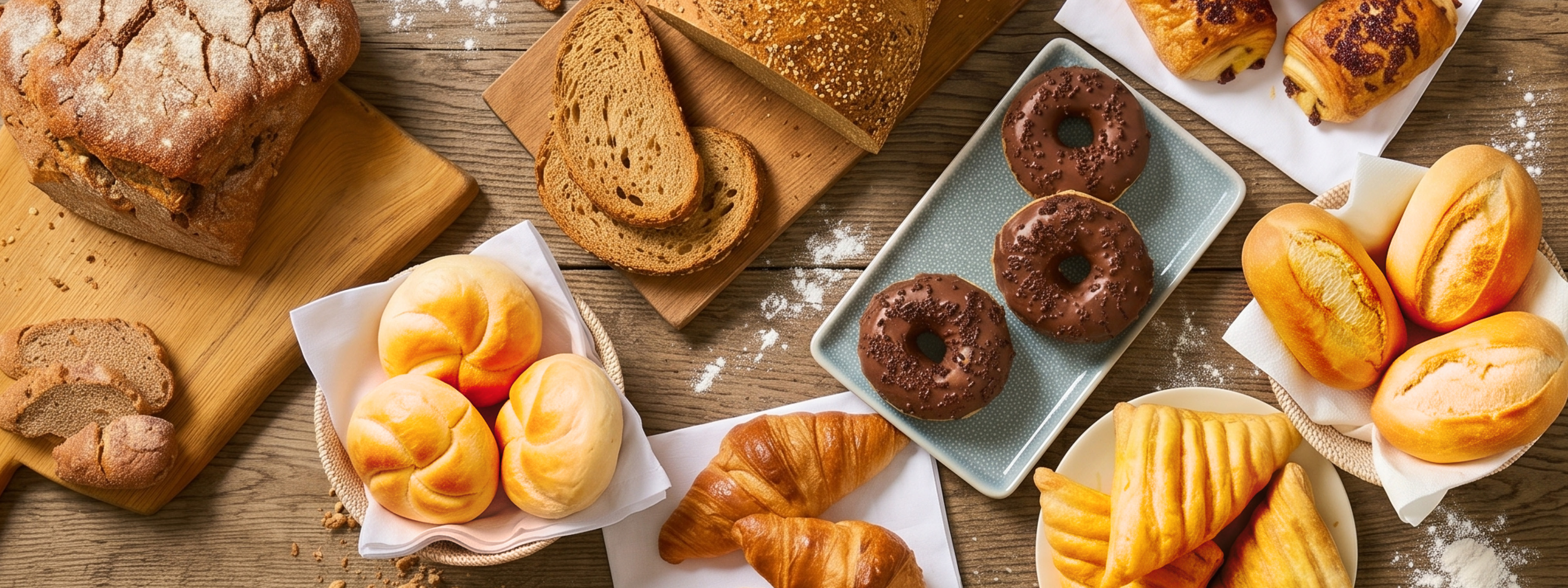 Pane, ciambelle al cioccolato, croissant e panini su un tavolo di legno.