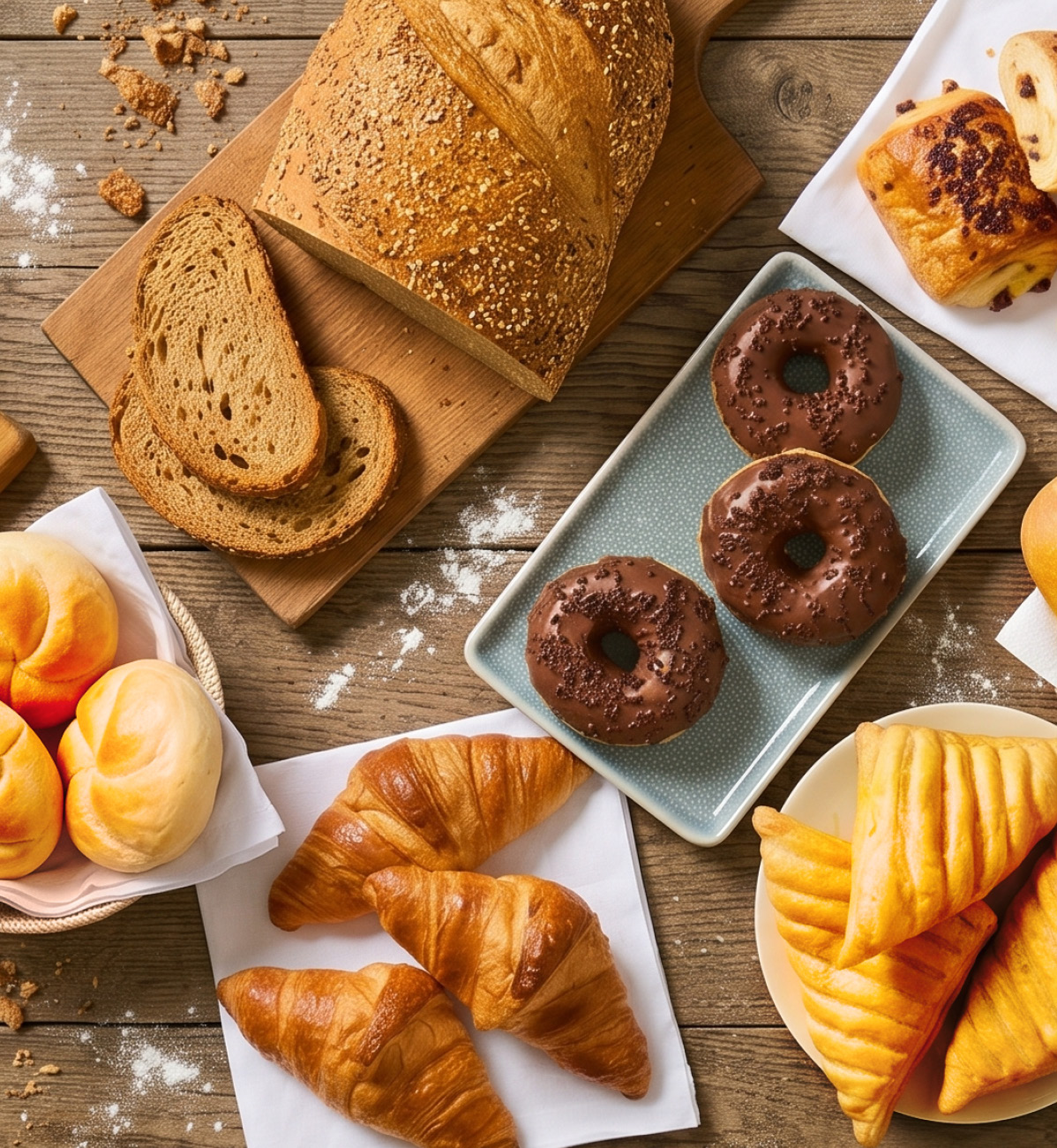Pane, ciambelle al cioccolato, croissant e panini su un tavolo di legno.