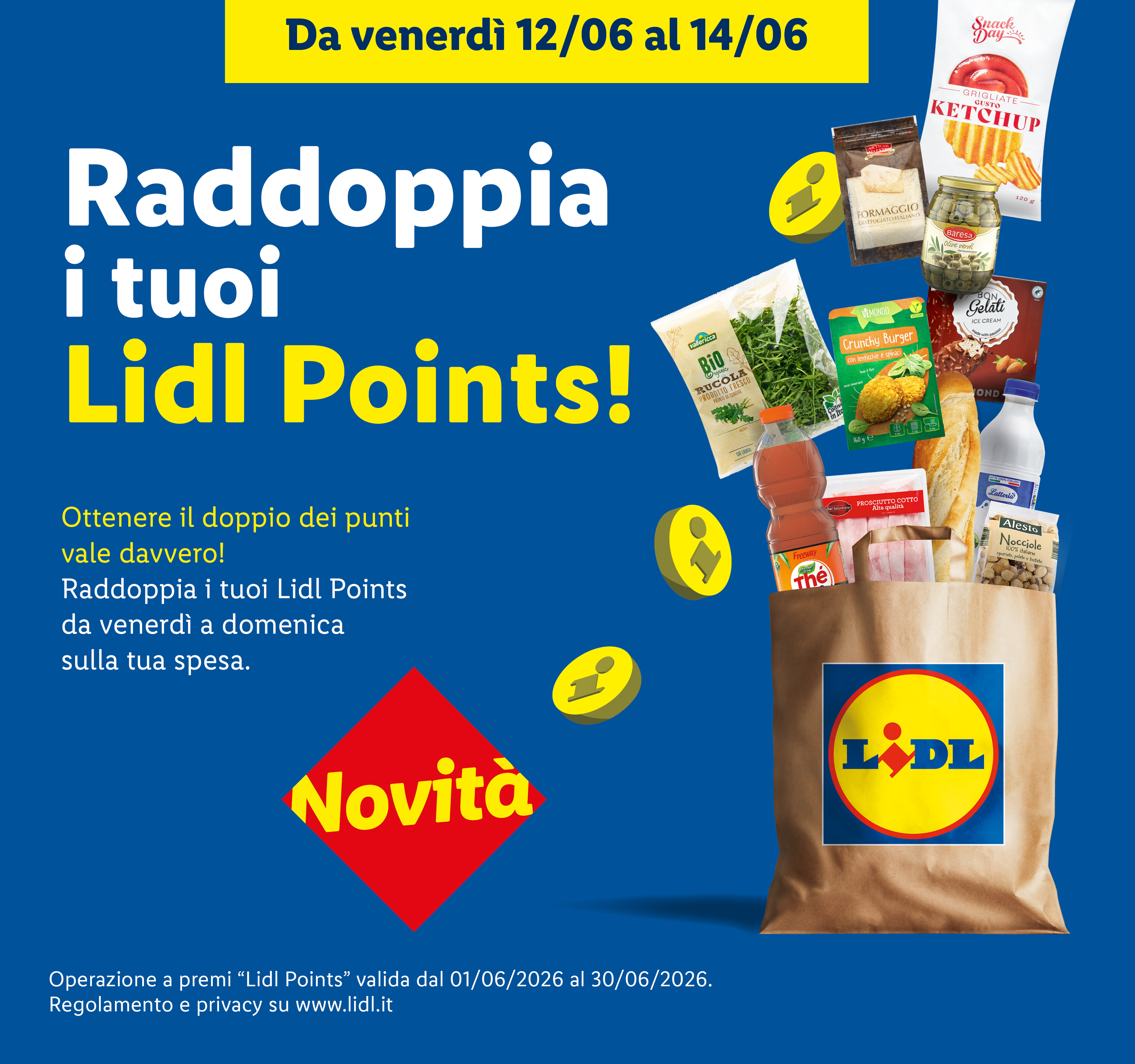 Promozione Lidl Points: raddoppia i punti da venerdì a domenica, con prodotti alimentari vari in un sacchetto di carta.