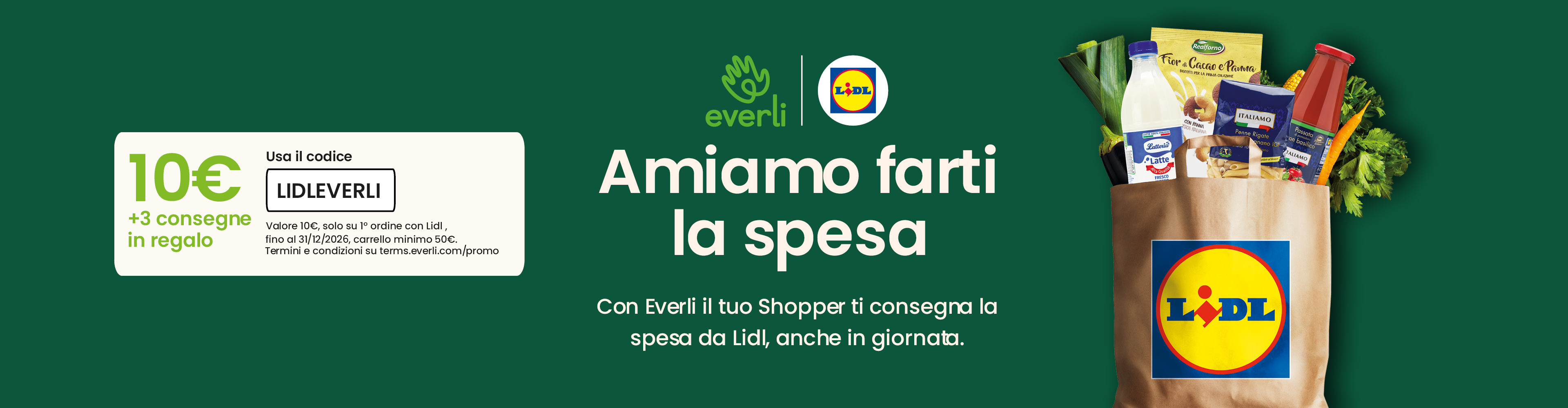 Borsa della spesa Lidl con latte, pasta, passata di pomodoro e biscotti, offerta Everli.