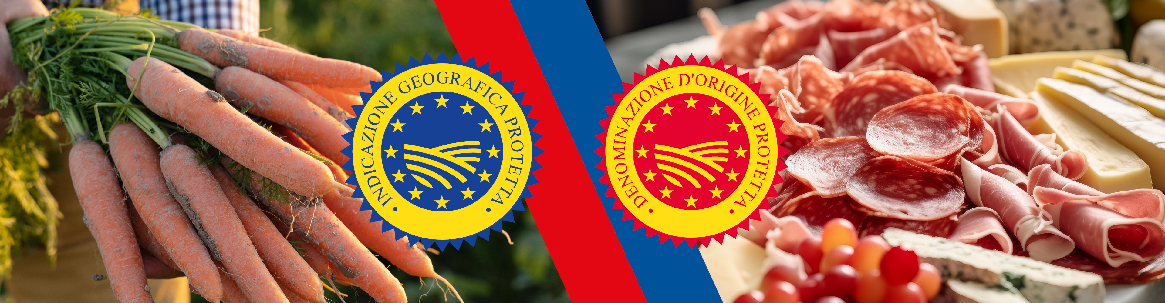 Carote e salumi italiani con etichette IGP e DOP.