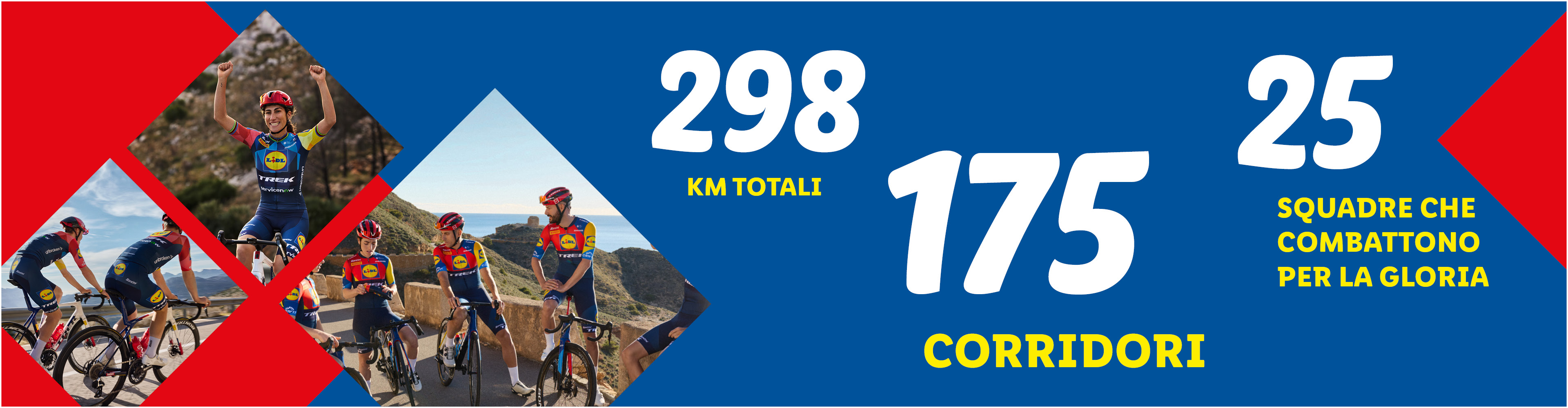 Ciclisti in maglia da gara su sfondo blu e rosso con statistiche: 298 KM TOTALI, 175 CORRIDORI, 25 SQUADRE.